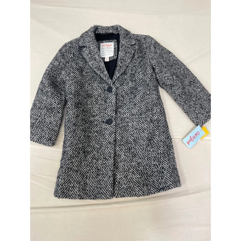 Cat & Jack Girls Herringbone Overcoat Black White Chevron Dress Coat XS 4-5